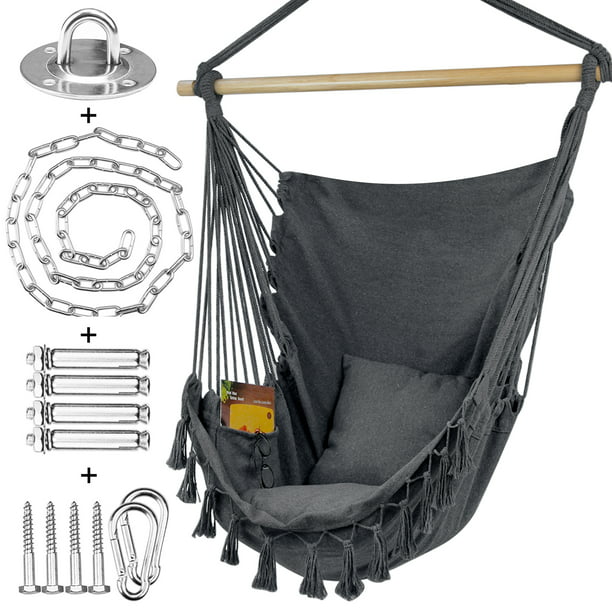 Hanging Rope Hammock Chair Cotton Canvas Outdoor Indoor Swing w/ 2 Seat Cushions